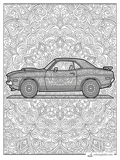 Intricate muscle car coloring page with paisley body panels, patterned wheels, and ornate mandala background