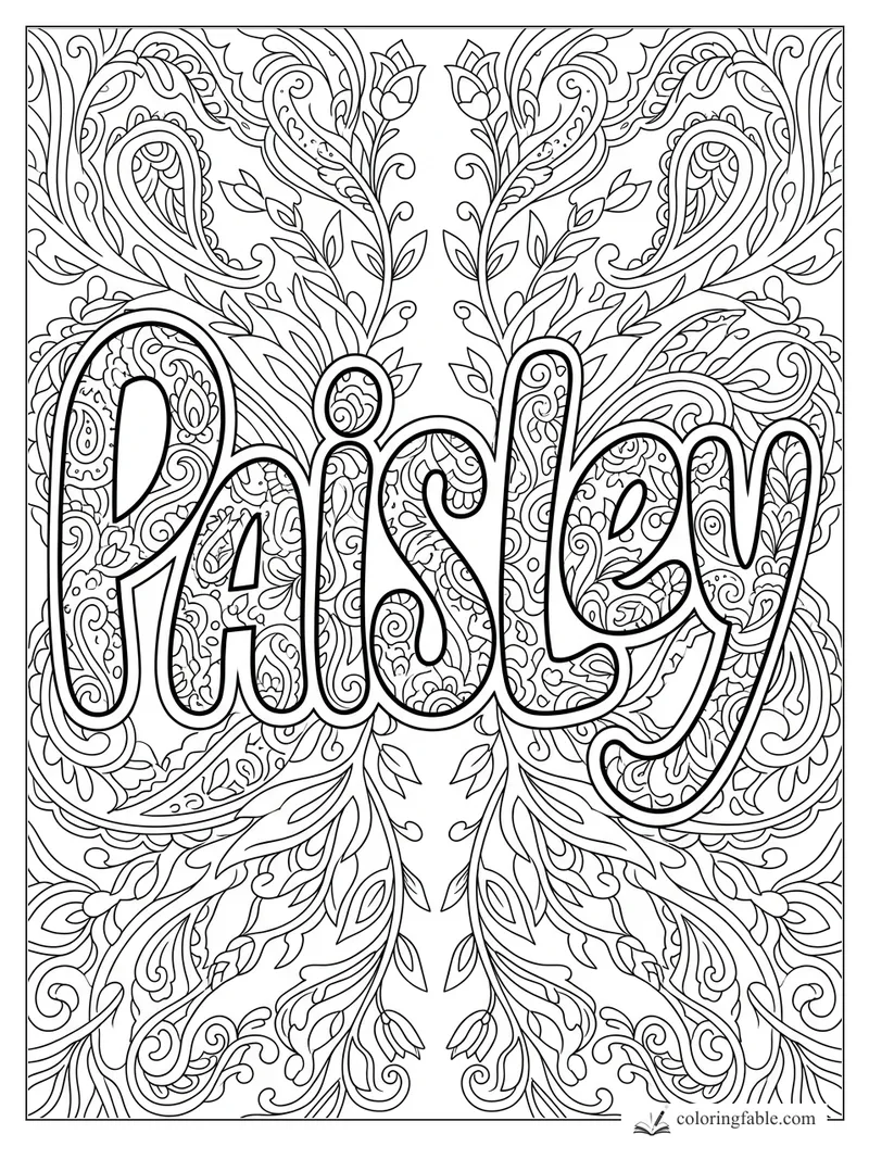 Intricate paisley coloring page with the word Paisley in bold script and mirrored floral vines