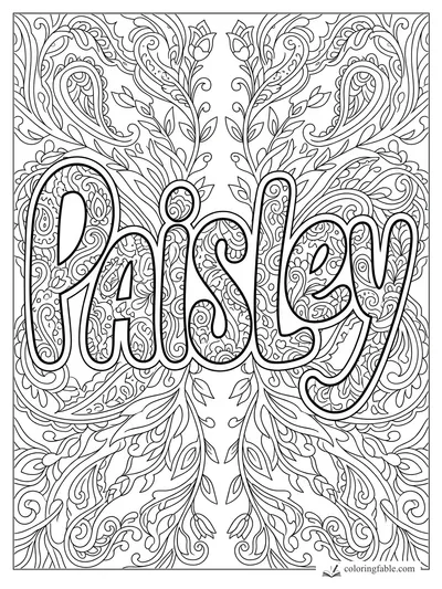 Intricate paisley coloring page with the word Paisley in bold script and mirrored floral vines