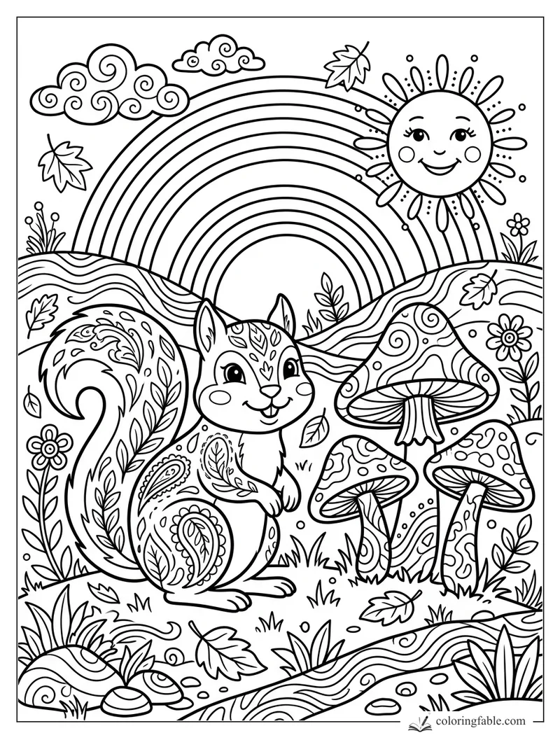 Boho squirrel with paisley tail, smiling sun, rainbow, mushrooms, flowers, leaves, and swirly clouds.