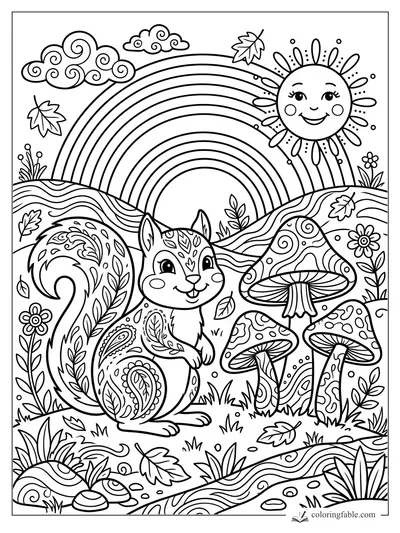 Boho squirrel with paisley tail, smiling sun, rainbow, mushrooms, flowers, leaves, and swirly clouds.
