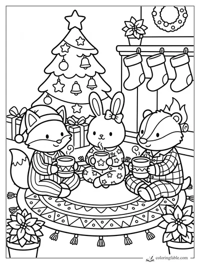 Fox, bunny, and badger in pajamas drink cocoa beside a Christmas tree, stockings, presents, and poinsettias.