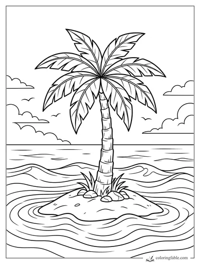 Palm tree on a small island with ocean waves, clouds, rocks, and tufts of grass to color.