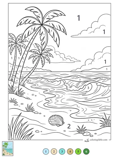 Palm Trees and a Seashell on a Tropical Shore — color by number