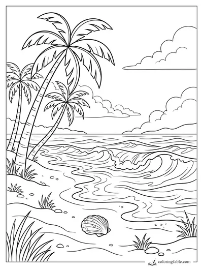Easy tropical beach coloring page with palm trees, ocean waves, clouds, sand, grass, and a seashell.