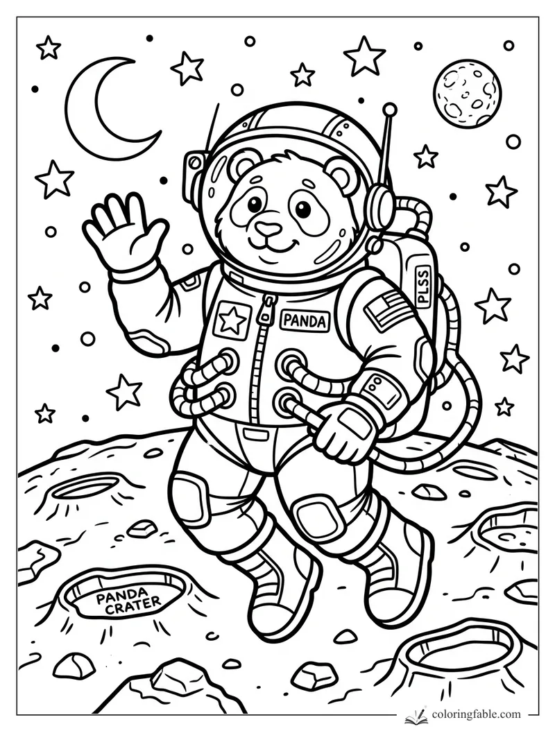 Cartoon panda astronaut waving on the moon near Panda Crater, with stars, moon, helmet, and space pack.