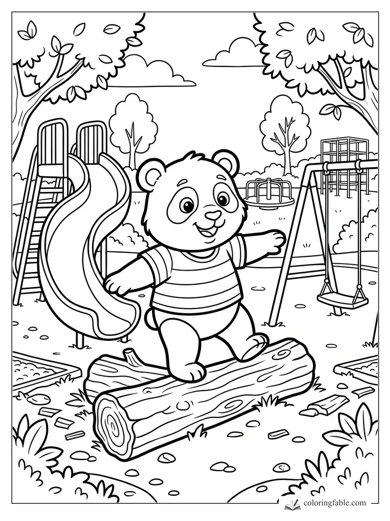 Cartoon panda balancing on a log at a playground with slide, swings, trees, and climbing frame