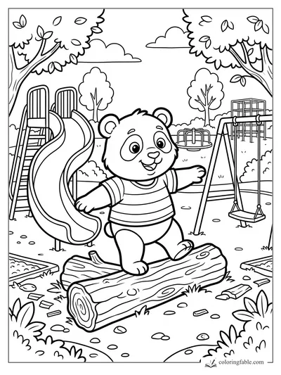 Cartoon panda balancing on a log at a playground with slide, swings, trees, and climbing frame