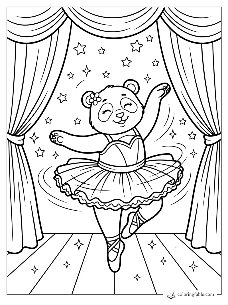 Panda ballerina in a tutu twirls between theater curtains under stars.