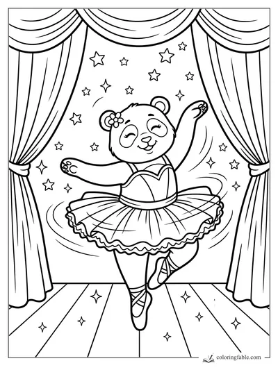 Panda ballerina in a tutu twirls between theater curtains under stars.