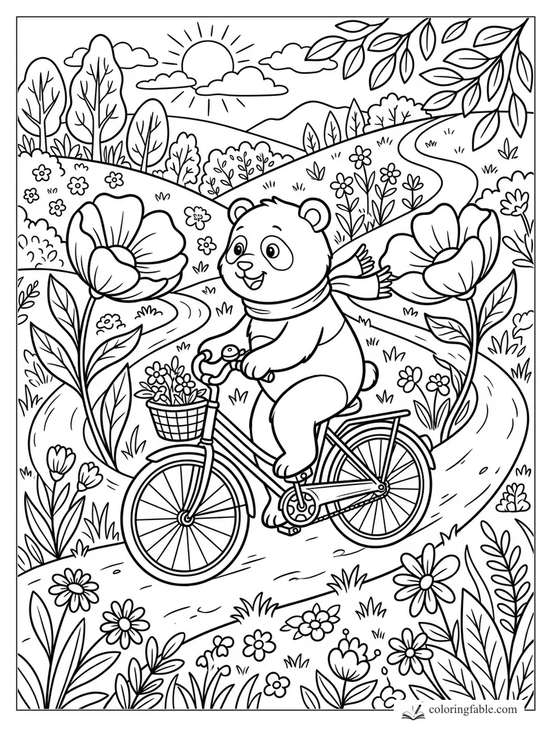 Cartoon panda riding a bicycle with a flower basket on a winding meadow path under a sunny sky