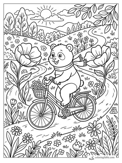 Cartoon panda riding a bicycle with a flower basket on a winding meadow path under a sunny sky