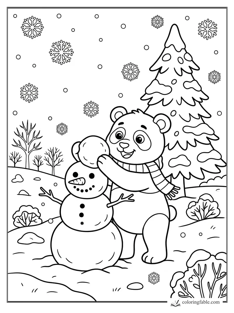 Cartoon panda adding a snowball head to a snowman beside a snowy pine tree