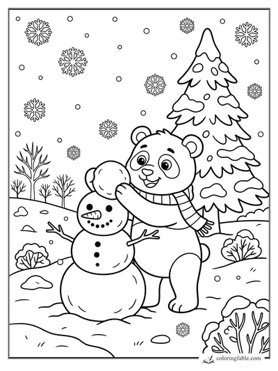 Cartoon panda adding a snowball head to a snowman beside a snowy pine tree