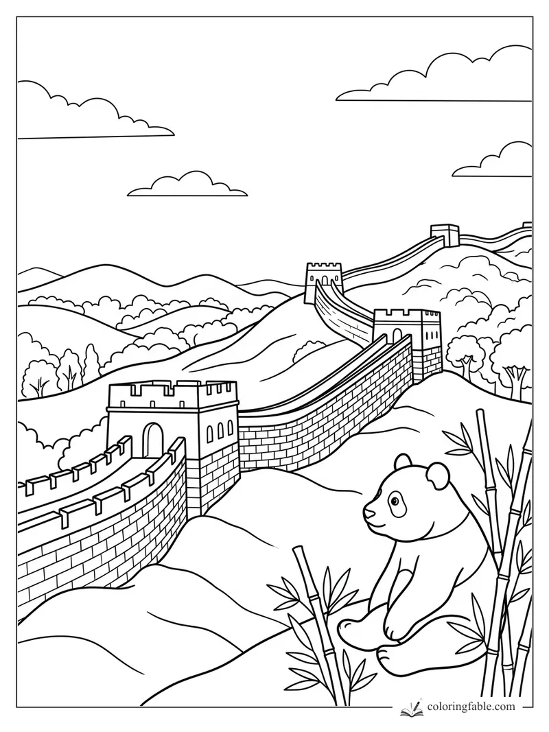Panda sitting beside bamboo with the Great Wall of China winding over hills and watchtowers