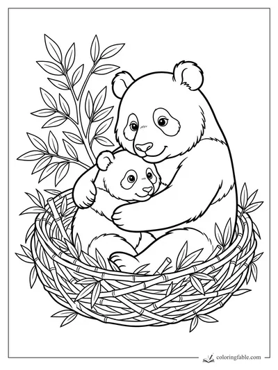 Cartoon adult panda hugging a cub inside a woven bamboo nest with leafy branches