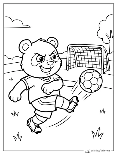 Cartoon panda cub in a soccer uniform kicking a ball toward a net on a grassy field