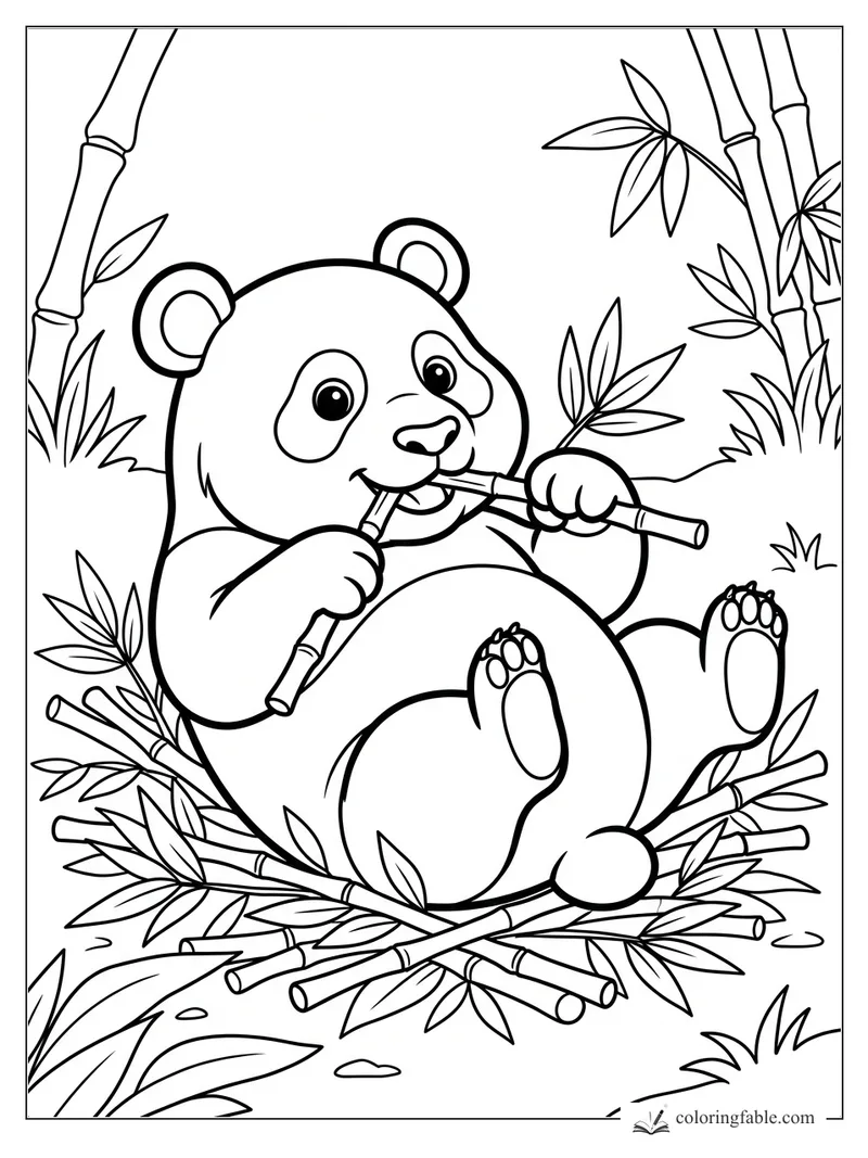 Cartoon panda cub eating bamboo while sitting on a pile of bamboo stalks and leaves.