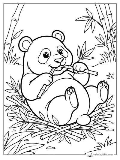 Cartoon panda cub eating bamboo while sitting on a pile of bamboo stalks and leaves.