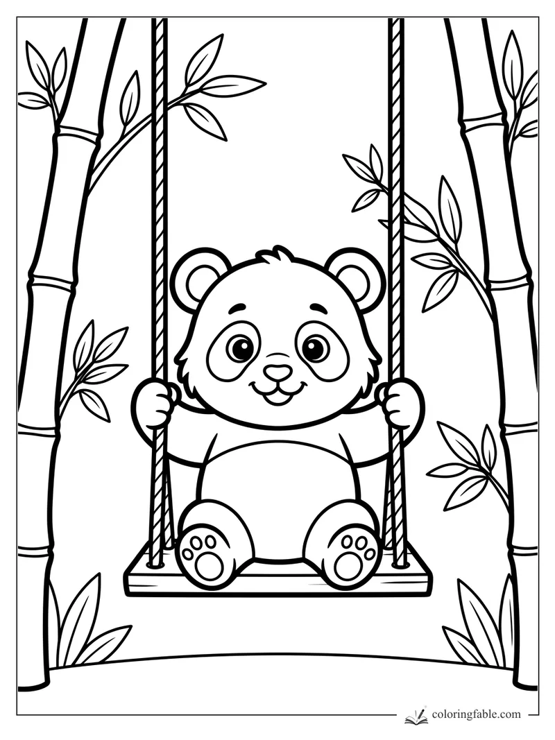 Smiling panda cub holding rope swing between bamboo stalks and leafy branches