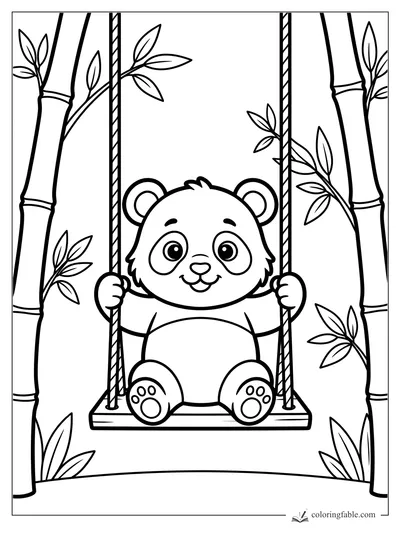 Smiling panda cub holding rope swing between bamboo stalks and leafy branches