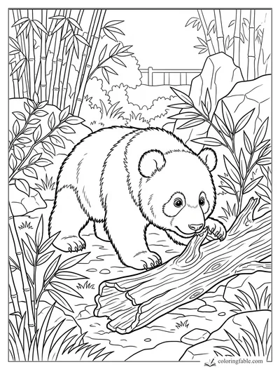 Realistic panda cub pulling bark from a fallen log among bamboo, rocks, leaves, and a garden fence