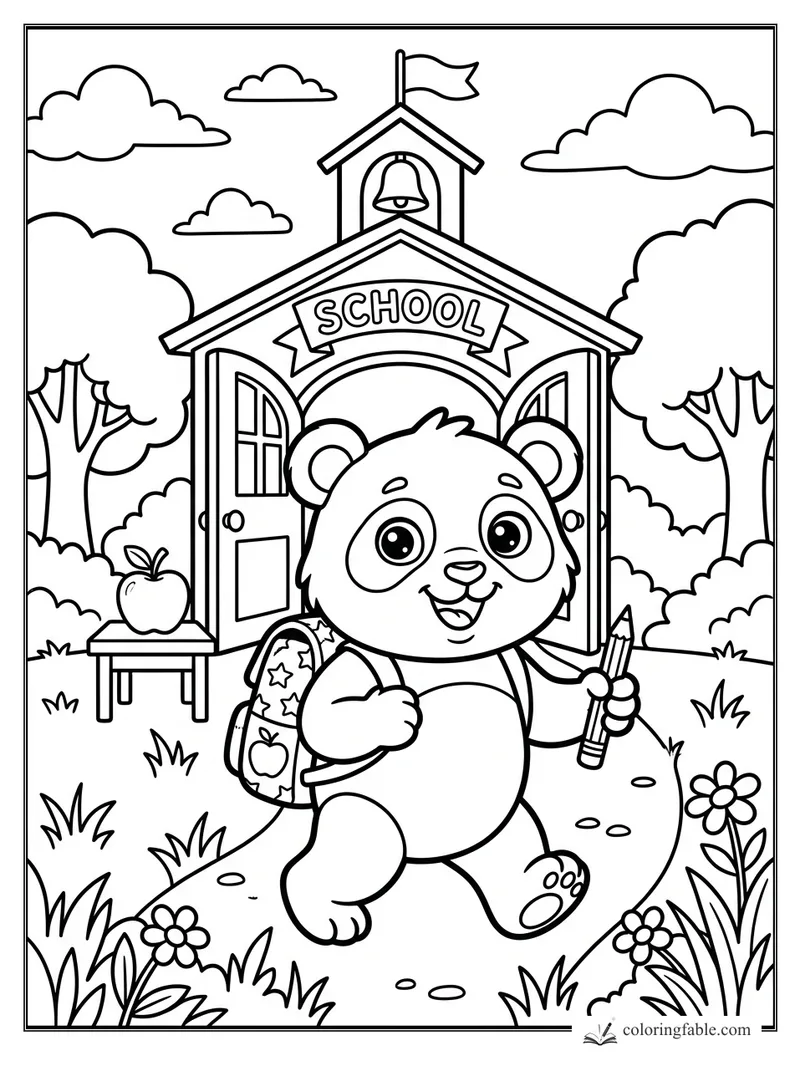 Cartoon panda cub with backpack and pencil in front of a schoolhouse with bell, flag, apple, trees, and flowers.