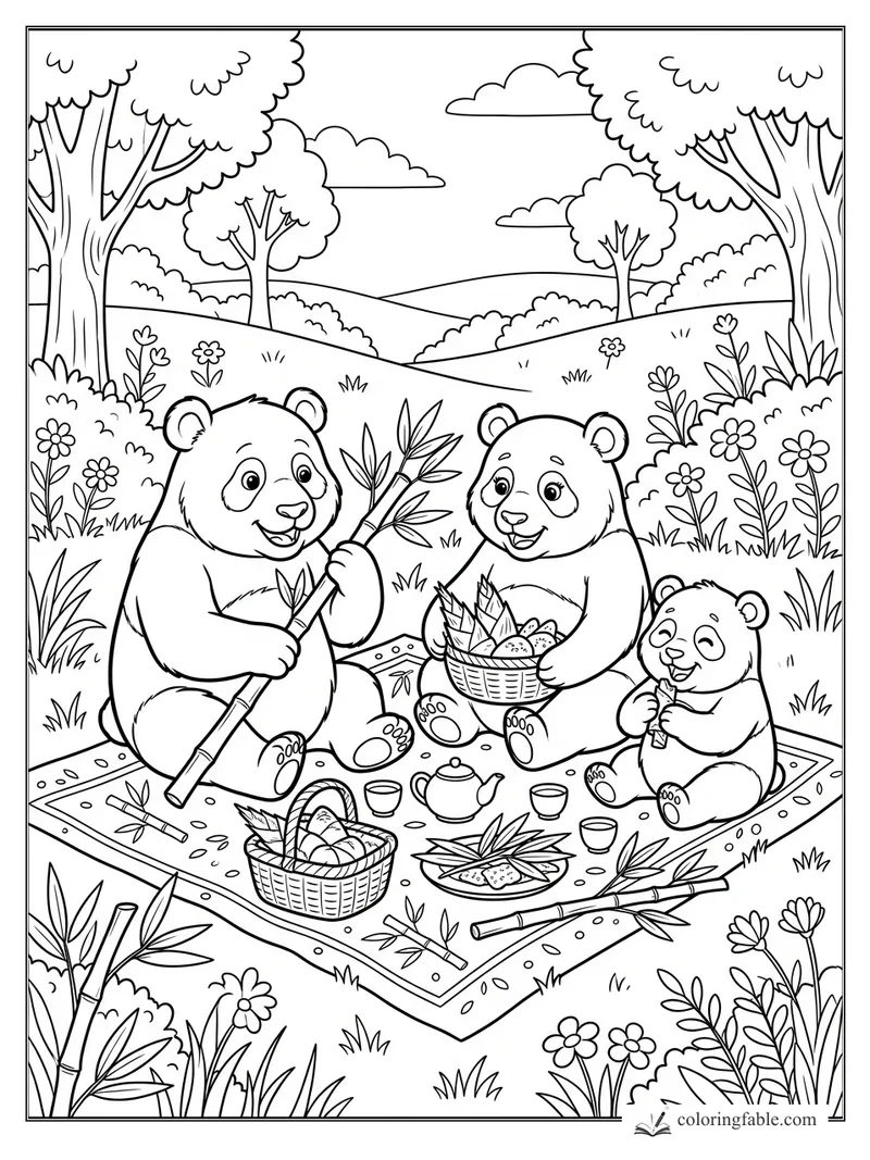 Panda family picnic with bamboo, baskets, teapot, flowers, trees, and rolling hills