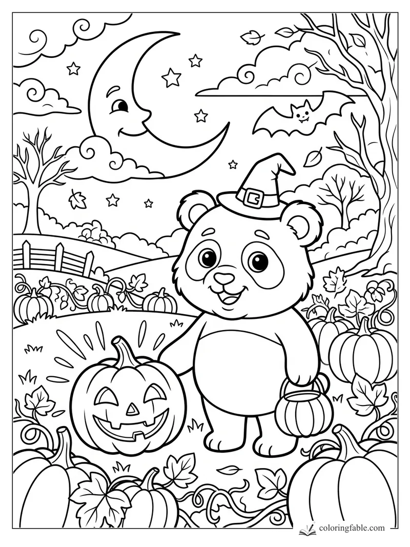 Cartoon panda in a witch hat holding a pumpkin beside a jack-o'-lantern under a crescent moon