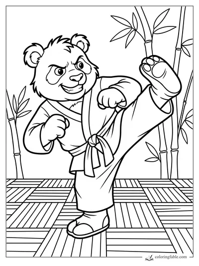 Cartoon panda in a karate uniform doing a high kick beside bamboo stalks on a wooden dojo floor