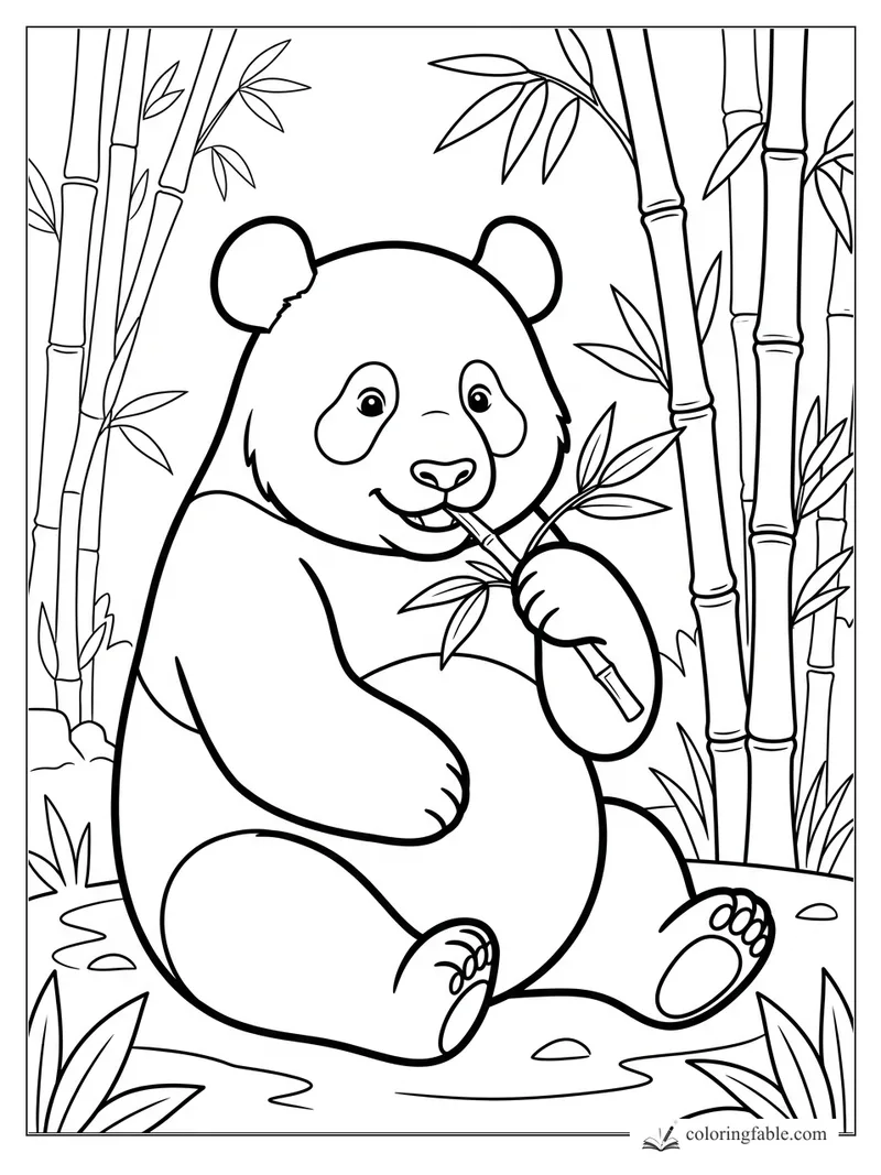 Smiling panda sitting among bamboo stalks and holding a leafy bamboo shoot to nibble