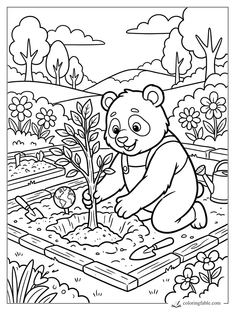 Smiling panda kneels in a garden bed planting a young tree, with trowels, flowers, hills, and clouds.