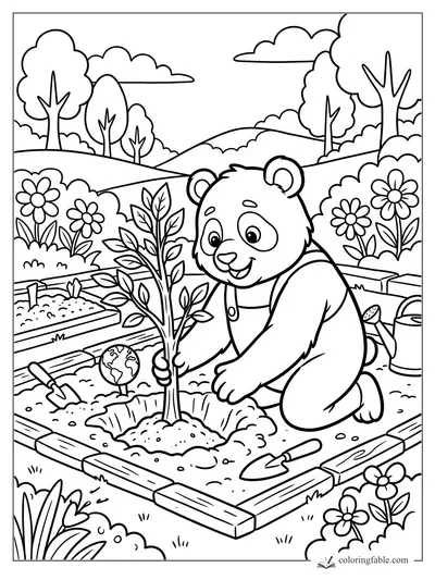 Smiling panda kneels in a garden bed planting a young tree, with trowels, flowers, hills, and clouds.
