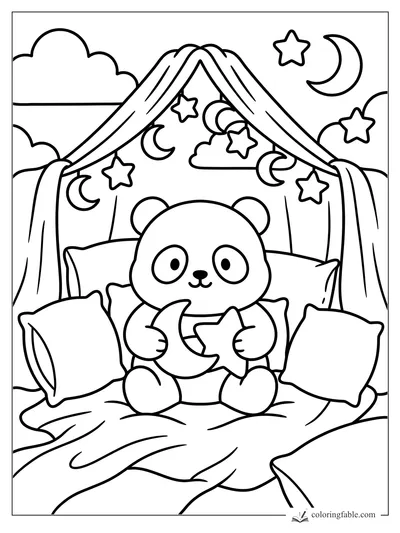 Cute panda holding a crescent moon and star in a canopy bed with clouds, pillows, and hanging night charms