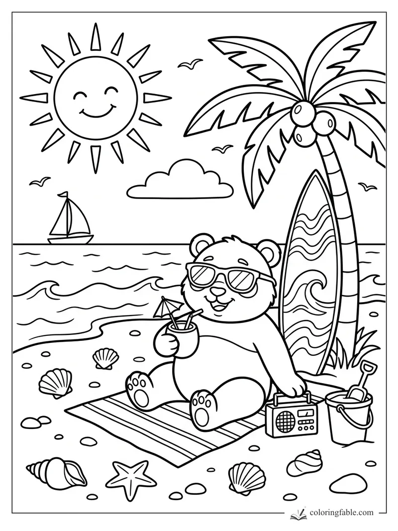 Panda in sunglasses sipping a beach drink beside a surfboard, palm tree, shells, radio, sailboat, and smiling sun