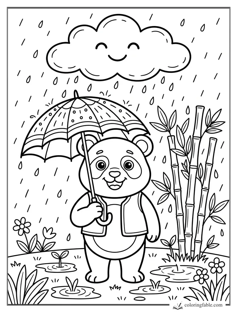 Smiling panda holding a patterned umbrella in rain beside bamboo, puddles, flowers, and a happy cloud.