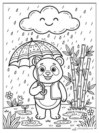 Smiling panda holding a patterned umbrella in rain beside bamboo, puddles, flowers, and a happy cloud.