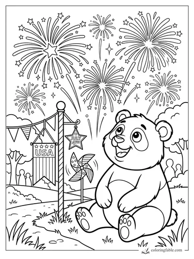 Cartoon panda watching Fourth of July fireworks beside a USA banner, bunting, and pinwheel in a park.