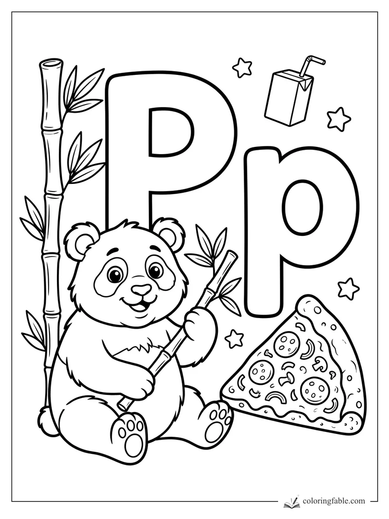 Cartoon letter P coloring page with a smiling panda, bamboo stalks, pizza slice, juice box, and stars.