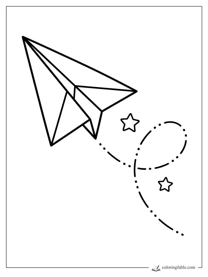 Minimalist paper airplane coloring page with folded wings, two stars, and looping dotted flight trail