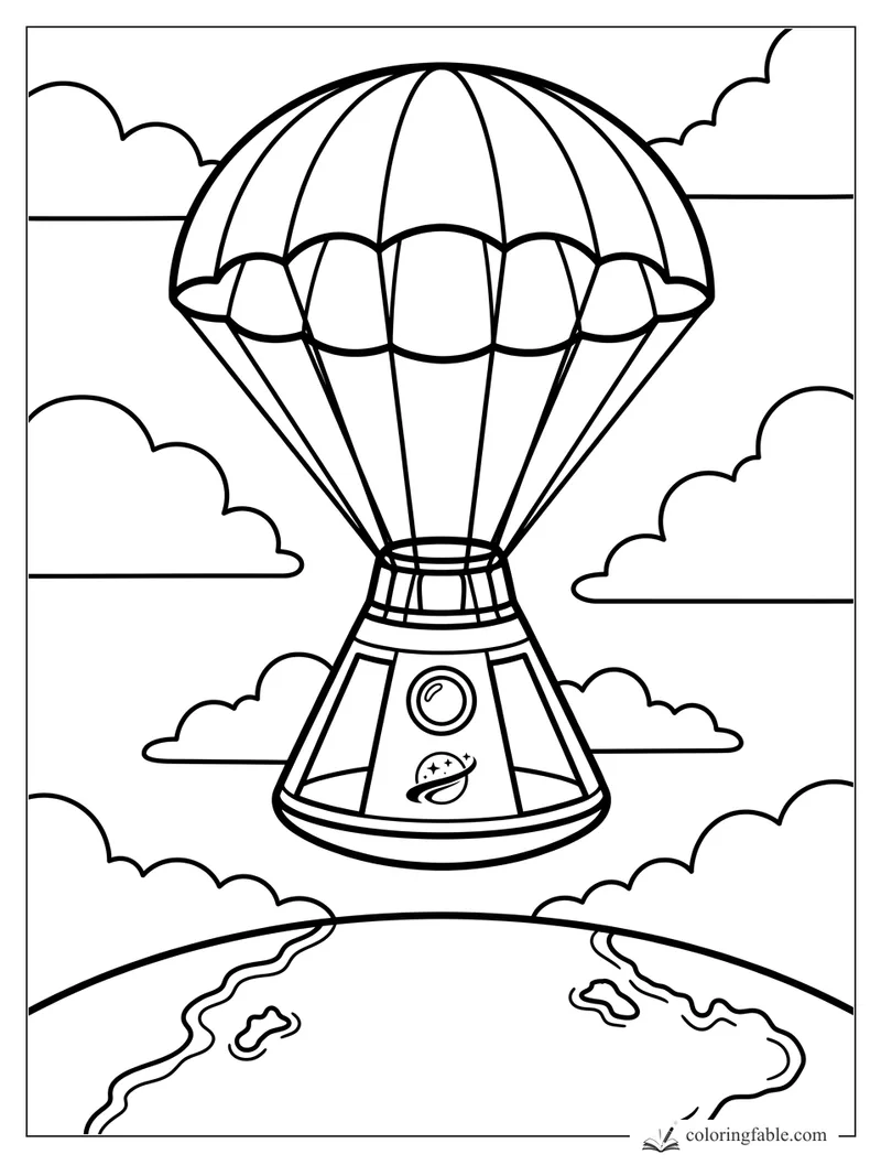 Easy coloring page of a space capsule descending by parachute through clouds above Earth.