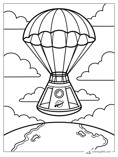 Easy coloring page of a space capsule descending by parachute through clouds above Earth.