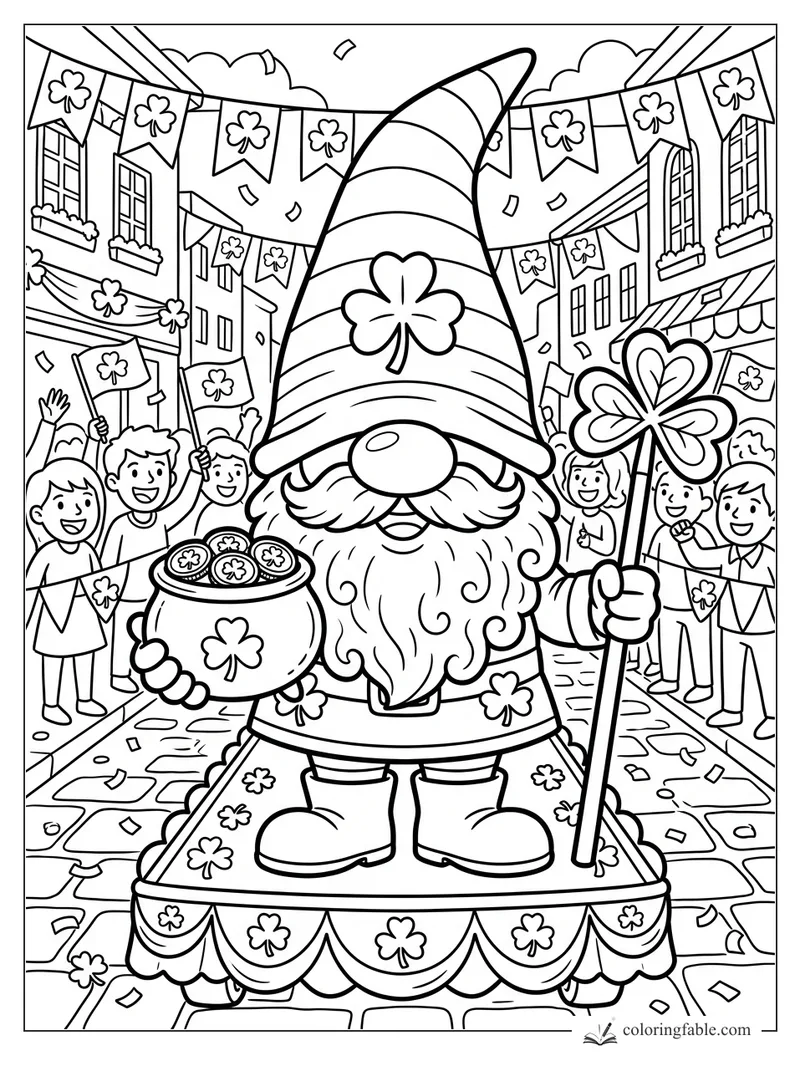 Cartoon gnome on a parade float holding a shamrock staff and pot of coins on a festive street