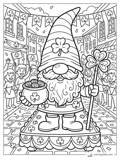 Cartoon gnome on a parade float holding a shamrock staff and pot of coins on a festive street