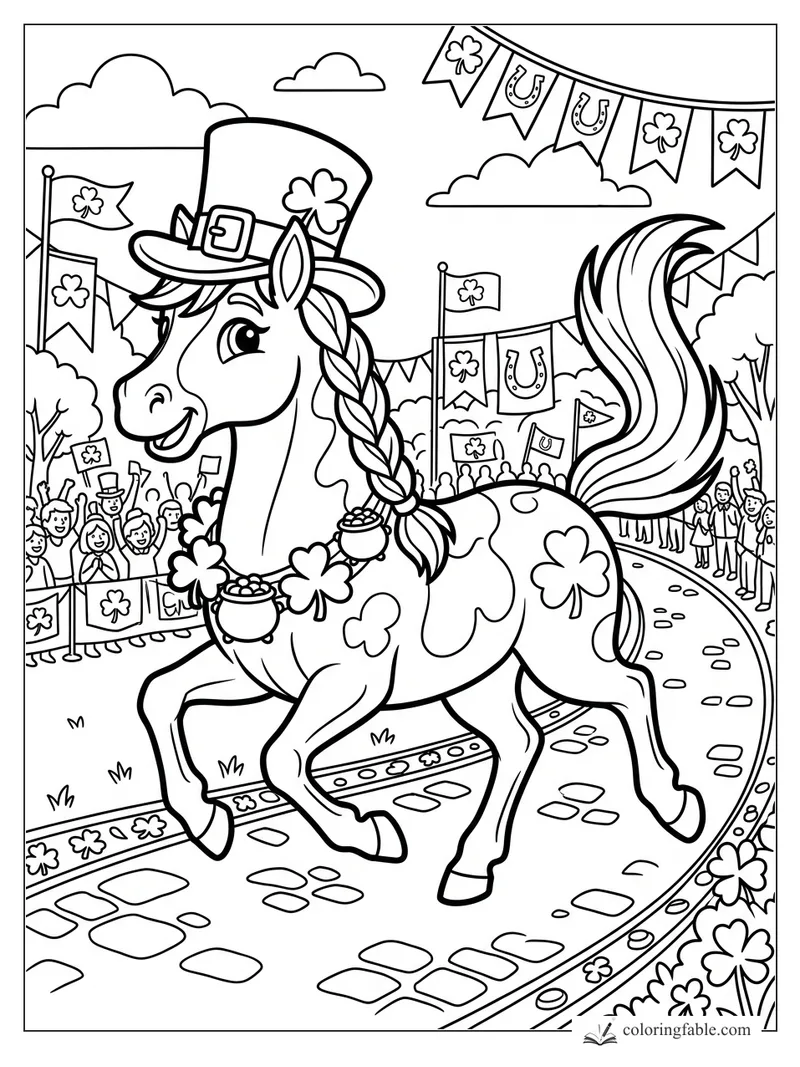Cartoon horse in a shamrock hat prancing in a parade with flags, bunting, and cheering crowds