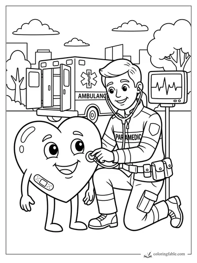 Cartoon paramedic checks a smiling heart with a stethoscope beside an ambulance and ECG monitor.