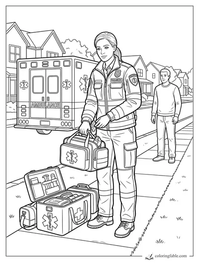 Realistic paramedic beside an ambulance packing medical bags on a suburban sidewalk