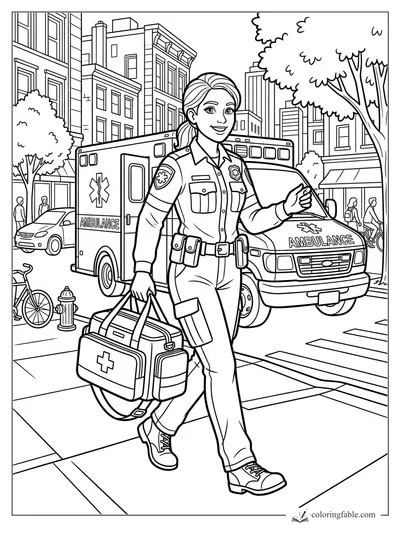 Paramedic carrying a medical bag beside an ambulance on a busy city street