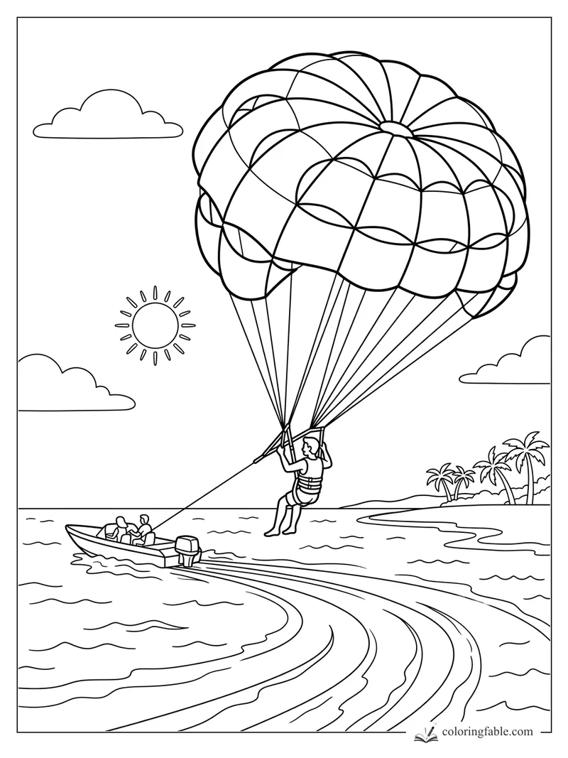 Parasailer rising behind a motorboat near palm trees, waves, sun, clouds, and a wide patterned parachute.