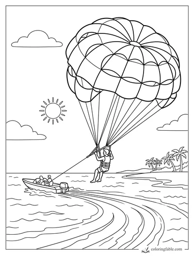 Parasailer rising behind a motorboat near palm trees, waves, sun, clouds, and a wide patterned parachute.